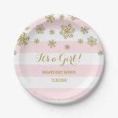 冬のベビーシャワーのプレートのピンクのストライプの金ゴールドの雪 ペーパープレート (正面)
