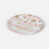 冬のベビーシャワーのプレートのピンクのストライプの金ゴールドの雪 ペーパープレート (アングル)