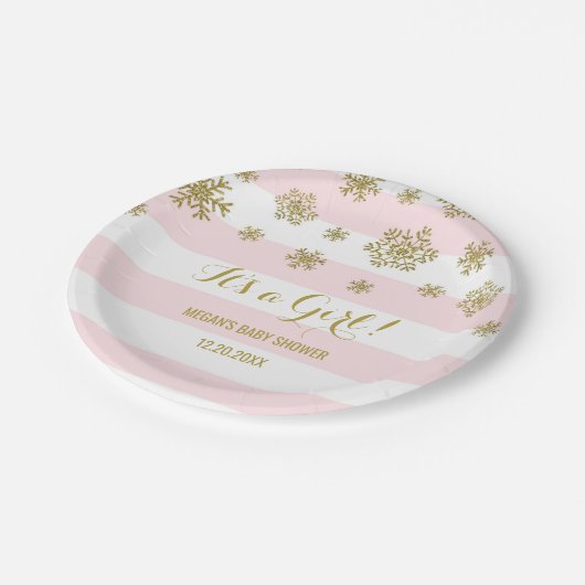 冬のベビーシャワーのプレートのピンクのストライプの金ゴールドの雪 ペーパープレート (アングル)
