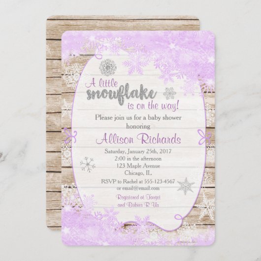 冬のベビーシャワーの招待の紫色および銀 招待状 (正面/裏面)