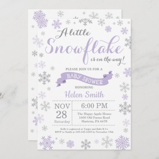 冬のベビーシャワーの招待状の紫色の雪片 招待状 (正面/裏面)
