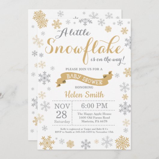 冬のベビーシャワーの招待状の金ゴールドの雪片 招待状 (正面/裏面)