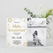 冬のベビーシャワーの招待状 ゴールドの星の写真 招待状 (スタンド正面)