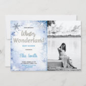 冬のベビーシャワーの招待状 青い写真 招待状 (正面)