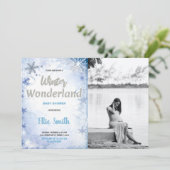 冬のベビーシャワーの招待状 青い写真 招待状 (スタンド正面)