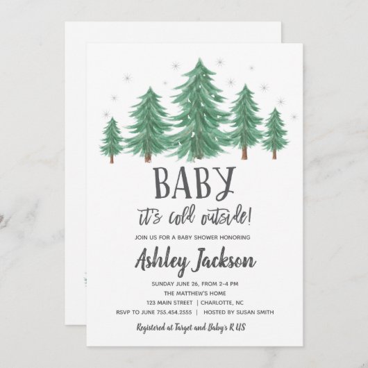 冬のベビーシャワーの緑の草木の森 招待状 (正面/裏面)