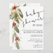 冬のベビーシャワーバイメール招待状金ゴールドホリー 招待状 (正面/裏面)