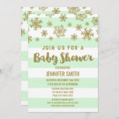 冬のベビーシャワーミントストライプ金ゴールド雪片 招待状 (正面/裏面)