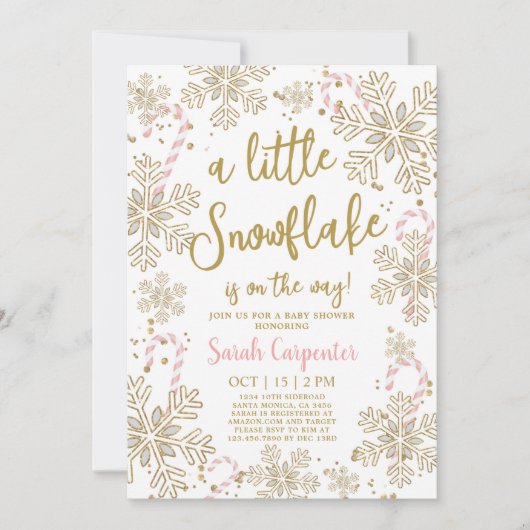 冬のベビーシャワー少女の雪片 招待状 (正面)