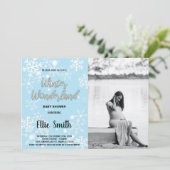 冬のベビーシャワー招待状の青い写真 招待状 (スタンド正面)