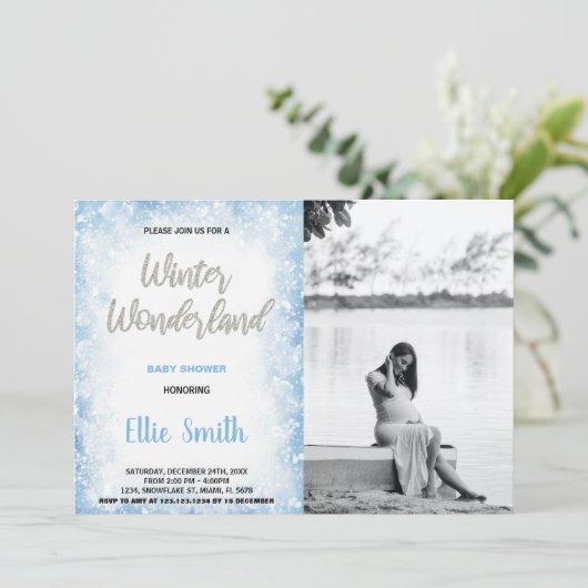 冬のベビーシャワー招待状の青い写真 招待状 (スタンド正面)