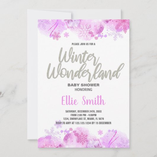 冬のベビーシャワー招待状グリッターシルバー 招待状 (正面)