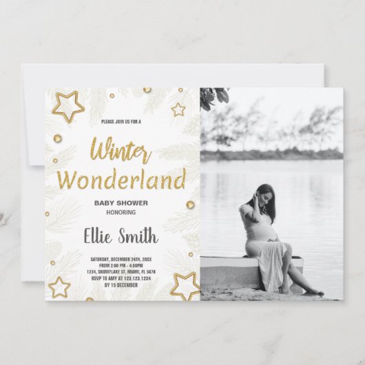 冬のベビーシャワー招待状ゴールデンスターフォト 招待状 (正面)