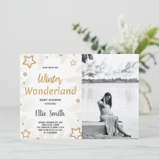 冬のベビーシャワー招待状ゴールデンスターフォト 招待状 (スタンド正面)