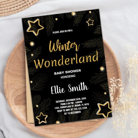 冬のベビーシャワー招待状ゴールデンスターブラック 招待状