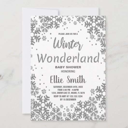 冬のベビーシャワー招待状シルバーグリッター 招待状 (正面)