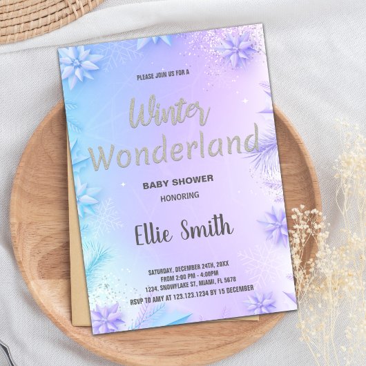 冬のベビーシャワー招待状パープルグリッター 招待状