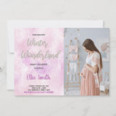 冬のベビーシャワー招待状ピンクのグリッター写真 招待状 (正面)