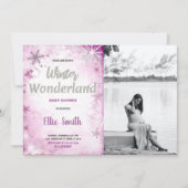 冬のベビーシャワー招待状ピンクのグリッター写真 招待状 (正面)