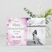 冬のベビーシャワー招待状ピンクのグリッター写真 招待状 (スタンド正面)