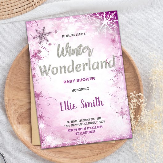 冬のベビーシャワー招待状ピンクグリッター 招待状