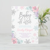 冬のベビーシャワー招待状ピンクシルバーグリッター 招待状 (スタンド正面)