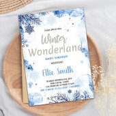 冬のベビーシャワー招待状ブルーグリッターシルバー 招待状