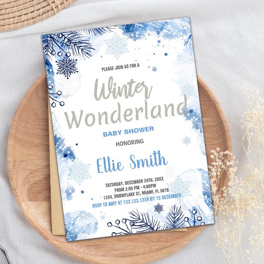 冬のベビーシャワー招待状ブルーグリッターシルバー 招待状