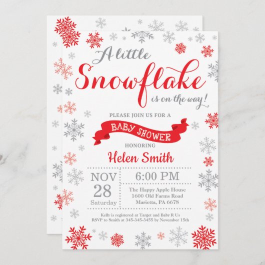 冬のベビーシャワー招待状レッドスノーフレーク 招待状 (正面/裏面)