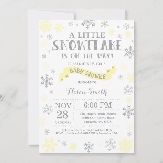 冬のベビーシャワー招待状黄色い雪片 招待状 (正面)