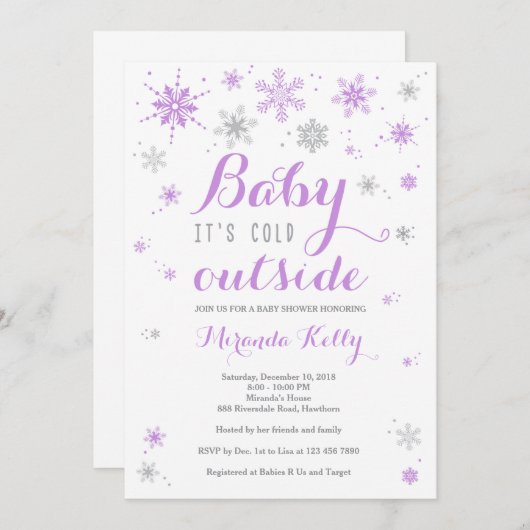 冬のベビーシャワー招待状、ピンクのベビーシャワー 招待状 (正面/裏面)