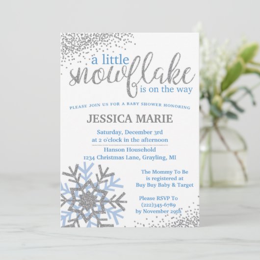 冬のベビーシャワー招待状 – ブルースノーフレーク 招待状 (スタンド正面)