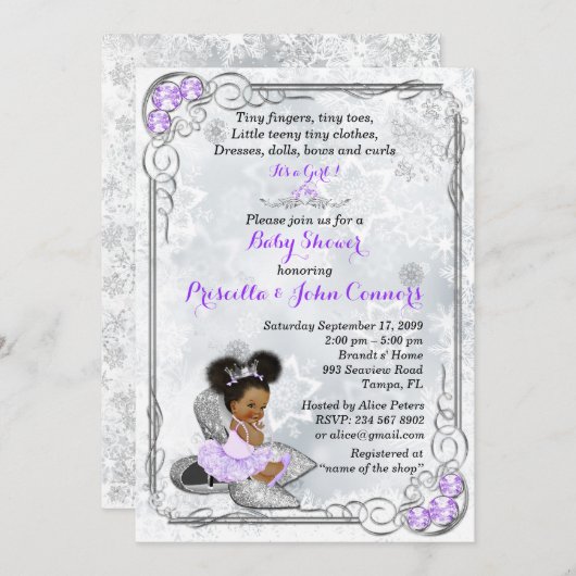 冬のベビーシャワー招待状、ベビーガール、パープル 招待状 (正面/裏面)