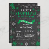 冬のベビーシャワー緑の雪片チャルクボード 招待状 (正面/裏面)