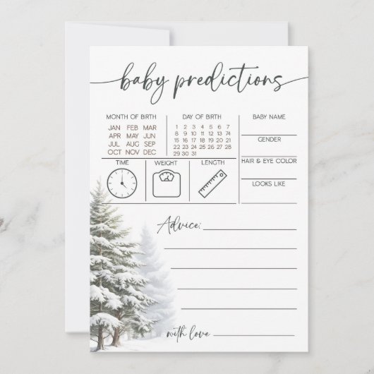 冬のベビーシャワー 赤ちゃんの予測とアドバイスのカード 招待状 (正面)