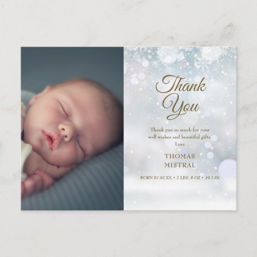 冬のベビースノーフレークサンキューフォト誕生  案内ポストカード (正面)