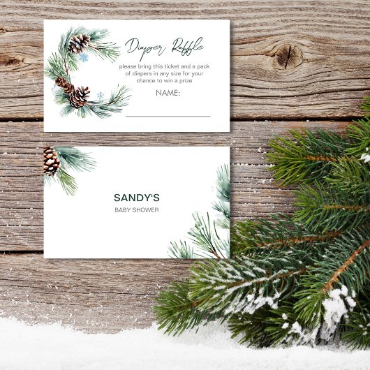 冬のベビーベビーシャワーパインリースおむつラッフル エンクロージャーカード