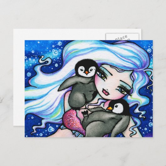 冬のベビーペンギンマーメイドファンタジーアートハガキ ポストカード (正面/裏面)