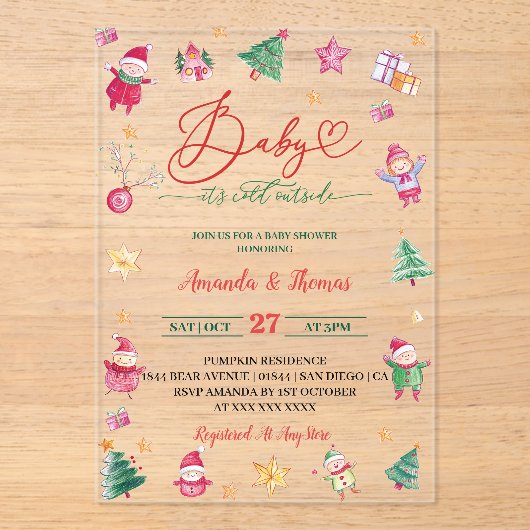 冬のベビー冷たい水の色ベビーシャワー アクリル招待状 (正面)