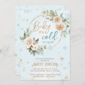 冬のベビー外は冷たいシャワー金ゴールド 凍ってい 招待状 (正面/裏面)