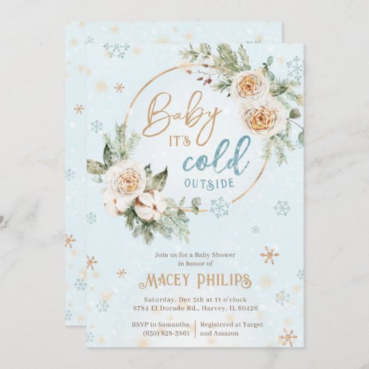 冬のベビー外は冷たいシャワー金ゴールド 凍ってい 招待状 (正面/裏面)
