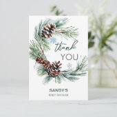 冬のベビー赤ちゃんシャワーパインリースサンキューカード 招待状 (スタンド正面)