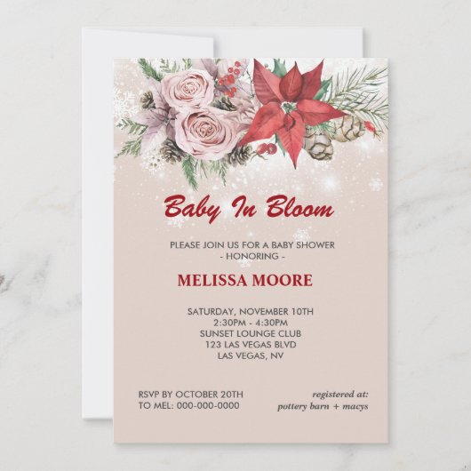 冬のベビー開花ピンクフローラ赤ポインセチア 招待状 (正面)