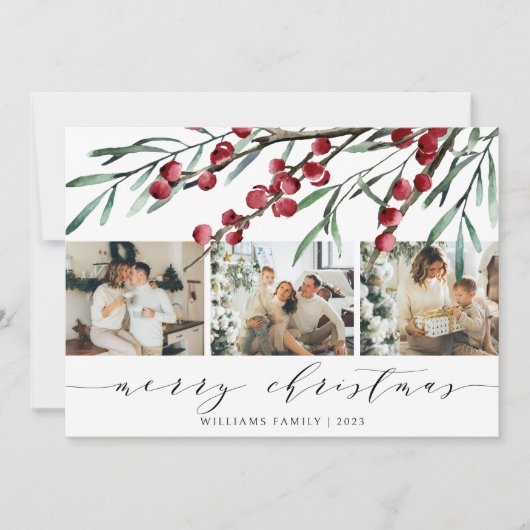 冬のベリエレガントーのスクリプトのクリスマス3枚の写真 シーズンカード (正面)