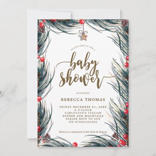 冬のベリーとパインのベビーシャワーの招待状 招待状 (正面)