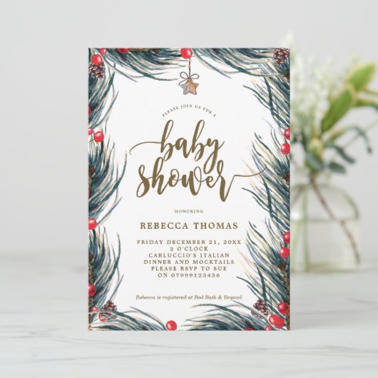 冬のベリーとパインのベビーシャワーの招待状 招待状 (スタンド正面)