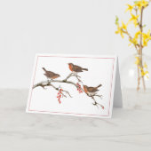 冬のベリーの枝に3羽の茶色の鳥 カード (黄色い花)