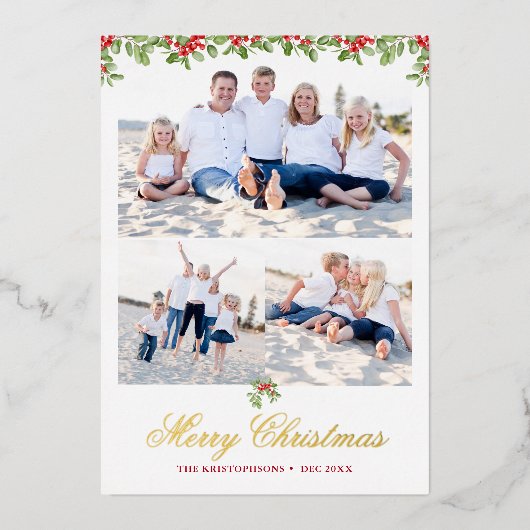 冬のベリーガーランド3写真クリスマスグリーティング 箔シーズンカード (正面)