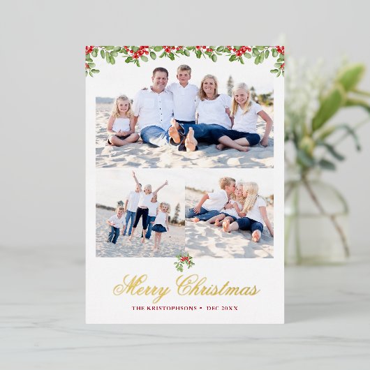 冬のベリーガーランド3写真クリスマスグリーティング 箔シーズンカード (立ち正面)