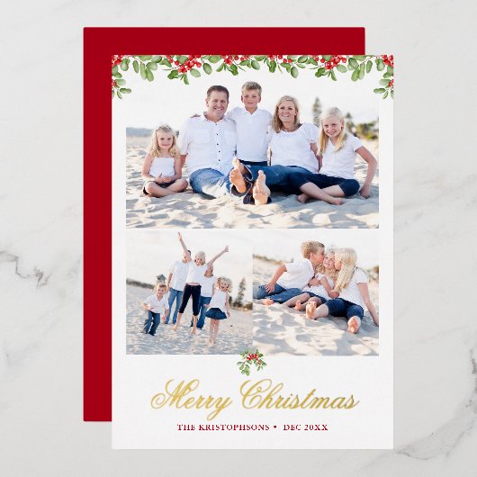 冬のベリーガーランド3写真クリスマスグリーティング 箔シーズンカード (正面/裏面)